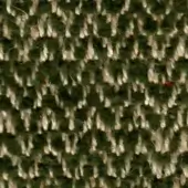 Woven fabric texture, olive green and beige, irregular pile with nubby fibers, durable rustic textile sample with visible material labeling.